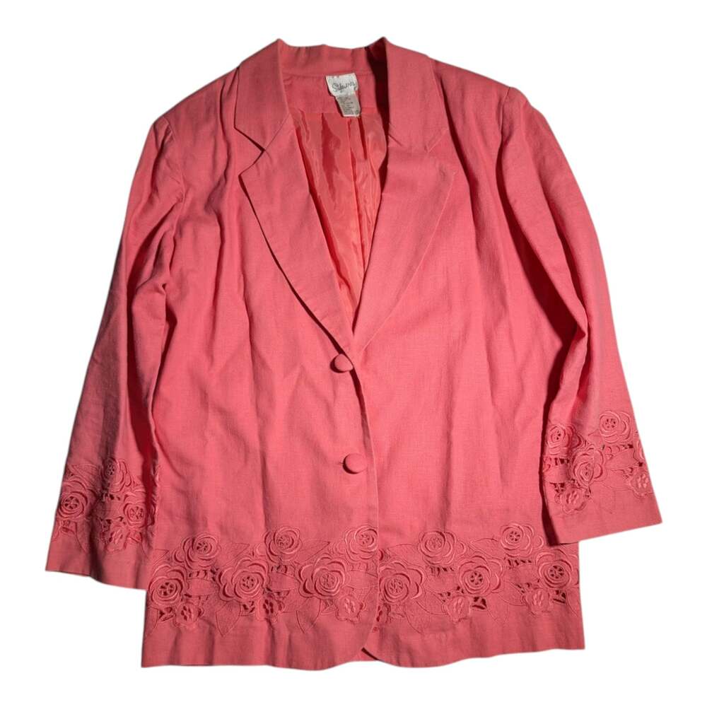 Vtg 1990s Styleworks Coral Pink Linen Cotton Floral Embroidered Blazer Sz 12 P